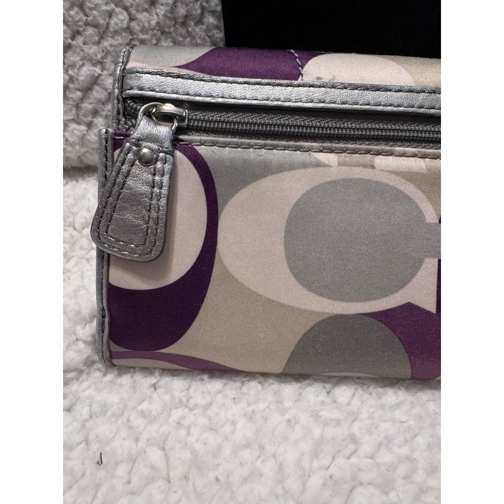 Coach Signature Optic Sateen Slim Envelope Wallet Purple Silver Buckle Flap - Picture 5 of 9